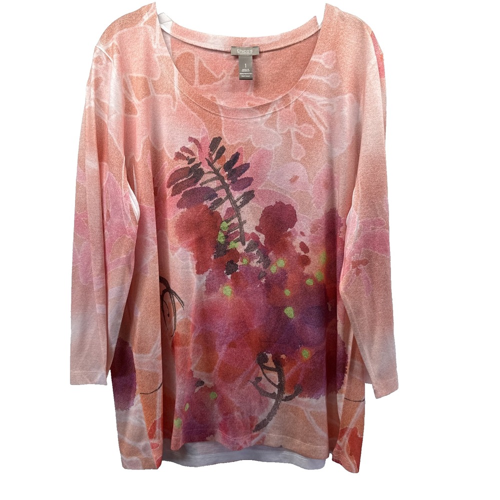 Chicos Women's Top Size Medium Pink Orange Artsy Floral 3/4 Sleeves Pullover